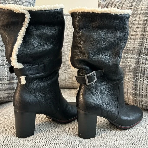 Tommy Hilfiger Black Heeled Boots with Cream Fur size 6 1/2 leather uppers - Picture 4 of 5
